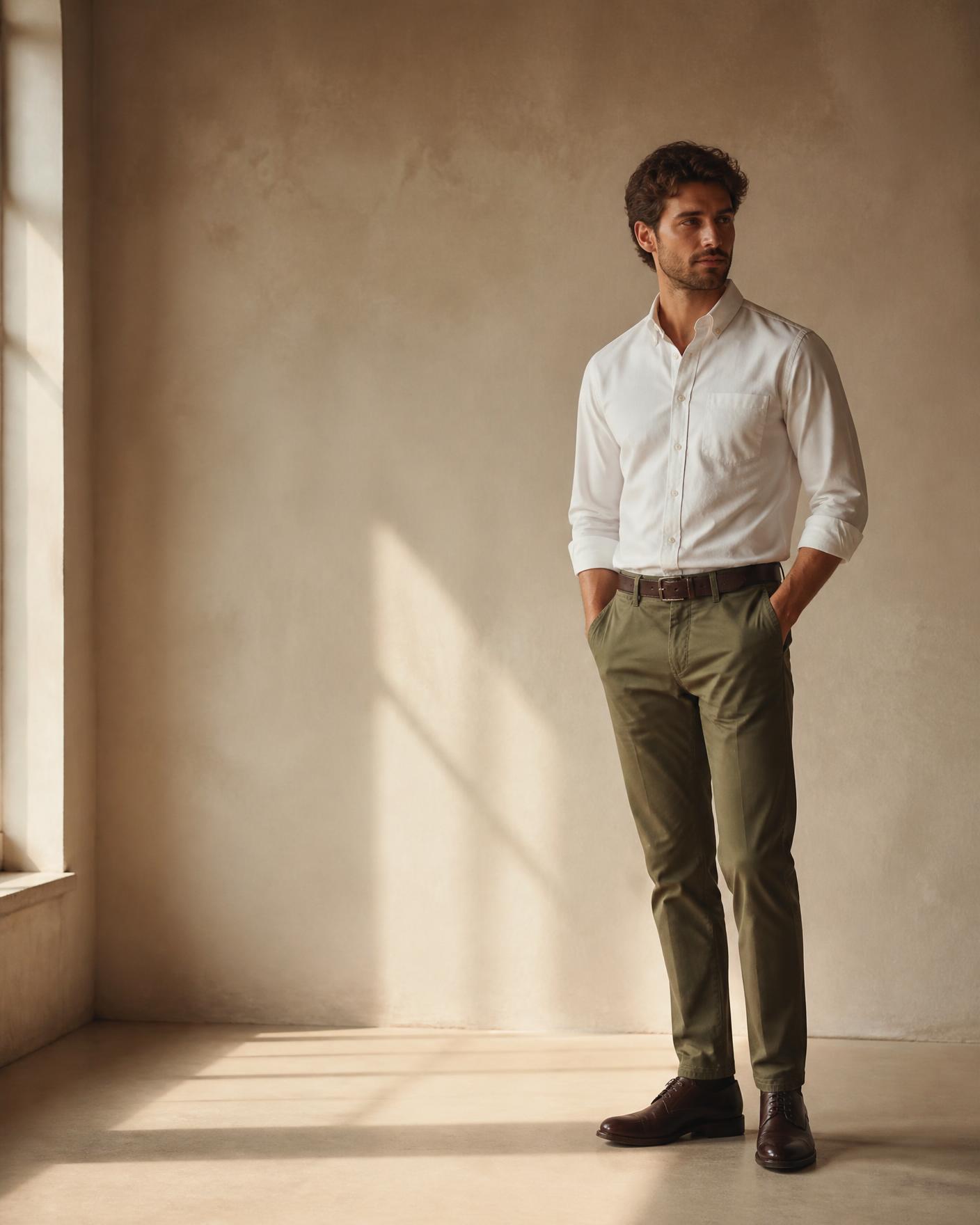 Man wearing a white oxford shirt and olive chinos in warm window light